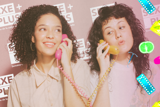 Two girls using landlines