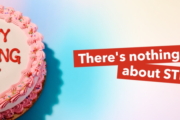 Cake with icing text that says "Happy testing day." Text on the side: "There's nothing shameful about STI testing."