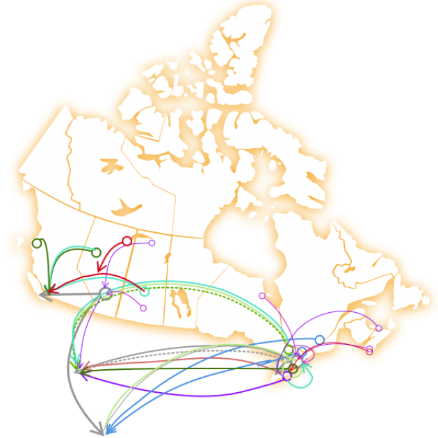 A map of canada showing the distances that women need to travel for access to abortion services.