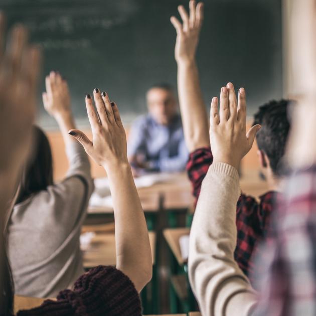 Students raising hands in classroom