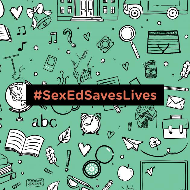 Doodles representing school and sex-ed with the word #SexEdSavesLives