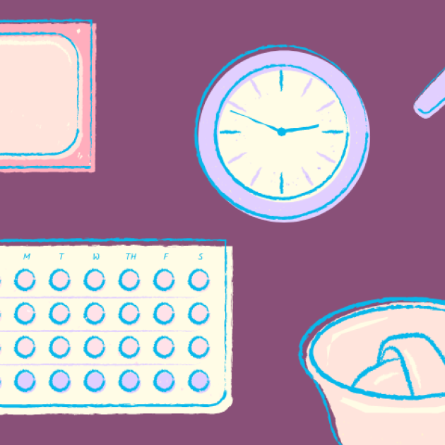 Illustration of different contraceptive methods on a dark purple background