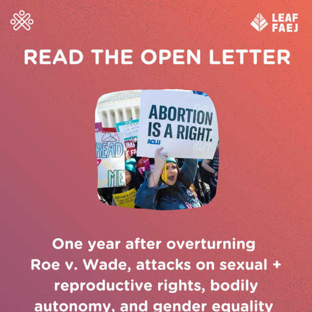 Maroon-peach gradient background. A white square with an image of a woman in a demonstration holding a sign that reads “Abortion is a Right.” Above the image, the text reads: “Read the Open Letter” Below the image, the text reads: “One year after overturning Roe v. Wade, attacks on sexual and reproductive rights, bodily autonomy, and gender equality have only risen”