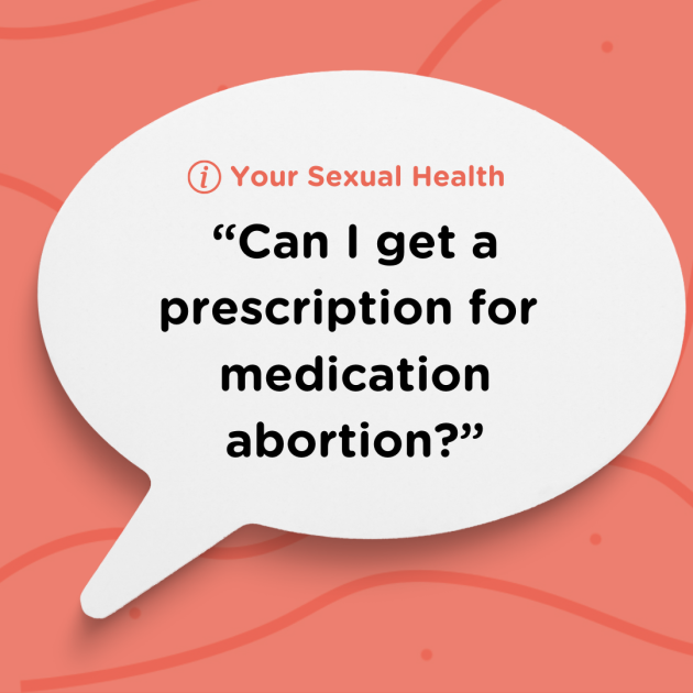 Speech bubble with the question "Can I get a prescription for medication abortion?