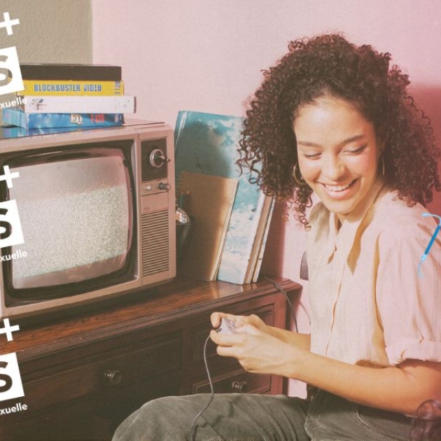 Girl using retro computer