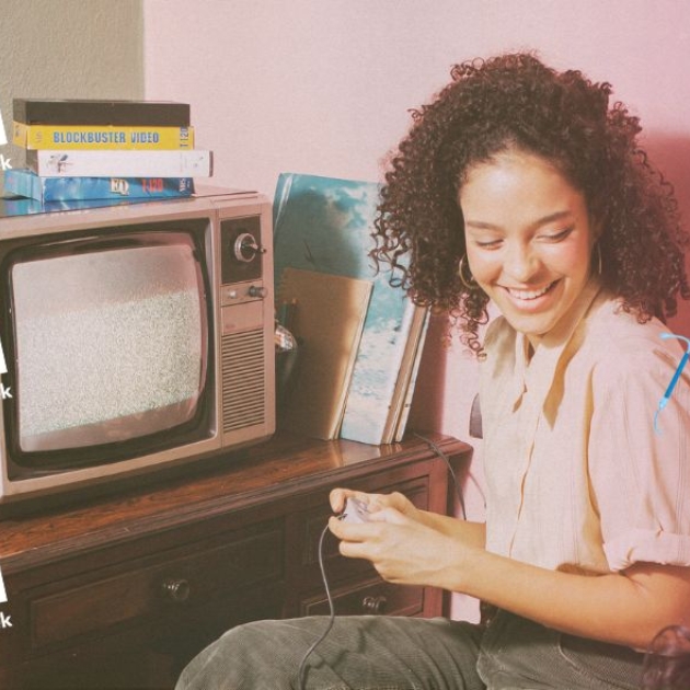 Girl using retro computer
